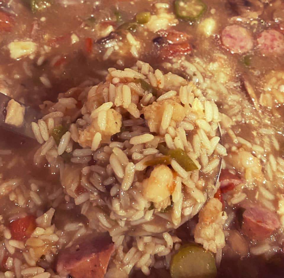Hearty seafood gumbo with rice